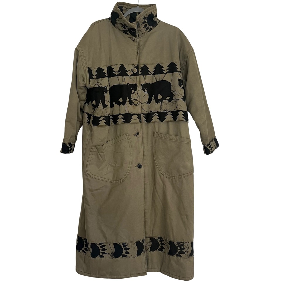Babes In The Woods Duster Coat Women S Khaki Tan Good 1990 Bear Print Vintage